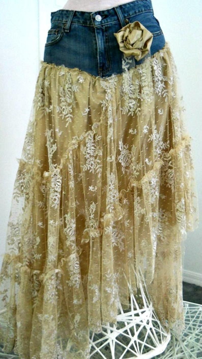 Belle Boh?mienne exquisite vintage beige lace funky frou frou Renaissance Denim Couture bohemian jean skirt Made to Order -   diy Clothes vintage