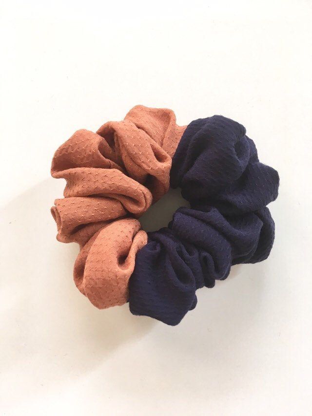 Bi color hair scrunchie, Terracotta brown and navy blue hair tie, Hair accessories, Bun wrap, Ponytail holder, Fall and winter gift -   diy Scrunchie packaging