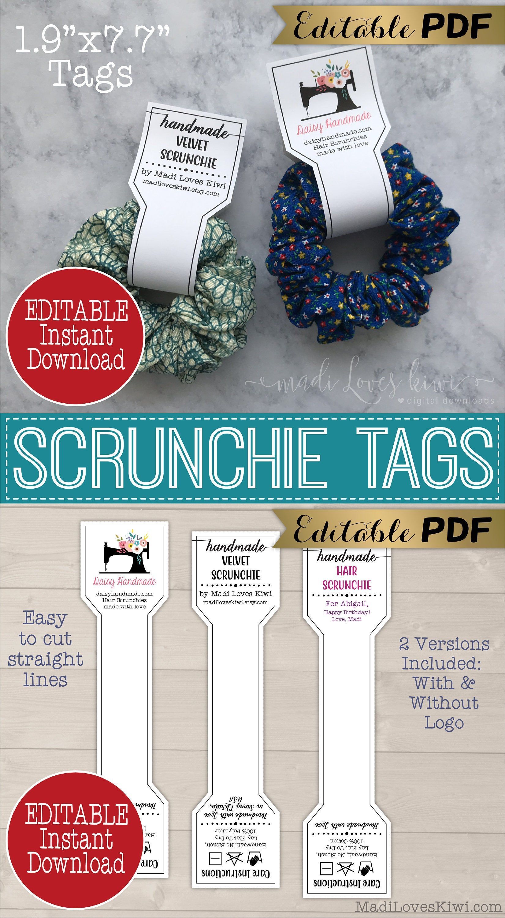 EDITABLE Hair Scrunchie Tag, Printable Handmade Product Label Logo, Digital PDF Template, Care Instruction Sewing Packaging Instant Download -   diy Scrunchie packaging
