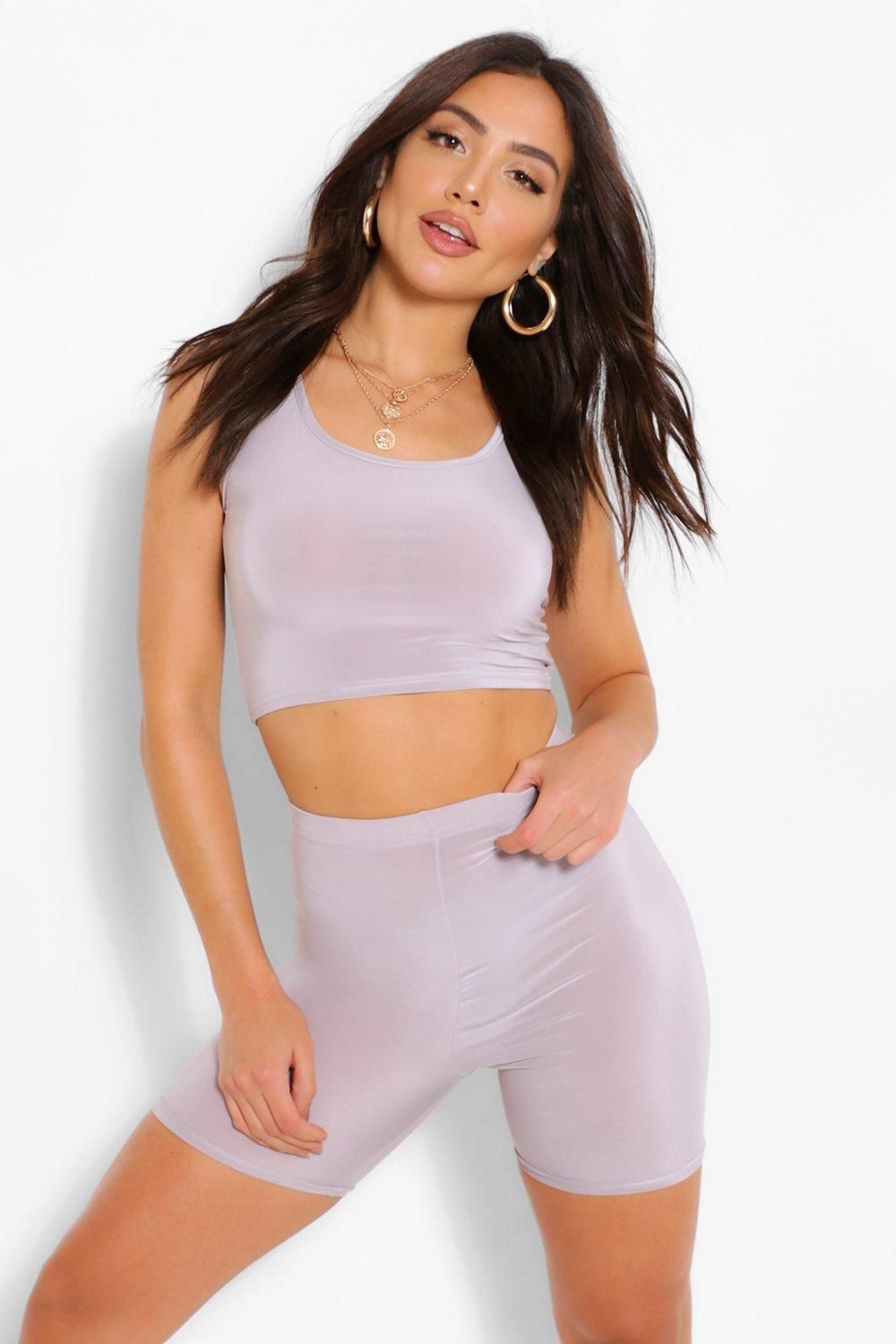 Womens Slinky Crop Top And Shorts Set - Grey - 4 -   fitness Fashion shorts