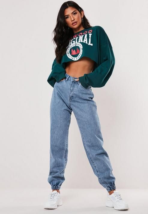 Blue High Waisted Jogger Mom Jeans -   style 90s woman