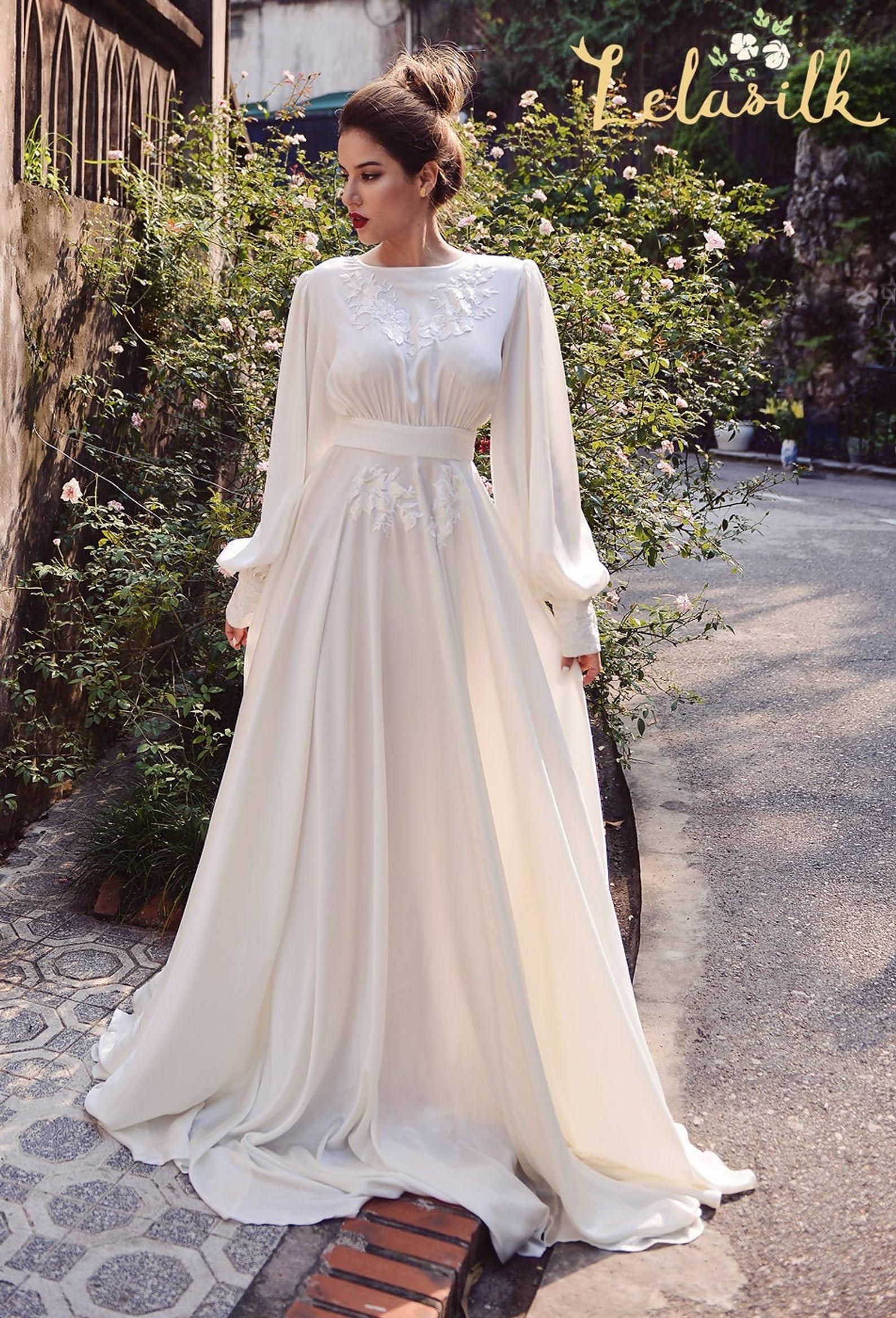 Silk Wedding Dress  Embellished Lace Wedding Dress  Ivory | Etsy -   style Hijab wedding