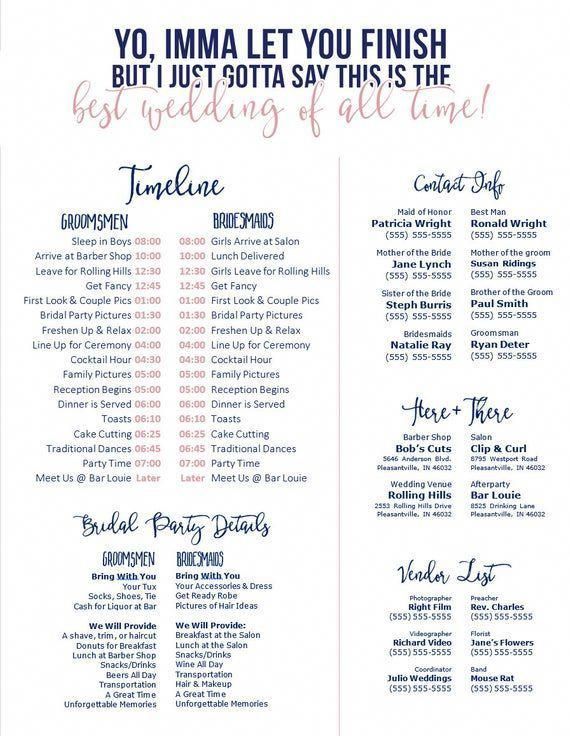 Editable Navy & Blush Wedding Timeline - Imma Let You Finish - Best wedding of All Time - Edit in Word - Day of Wedding Schedule -   wedding Checklist downloadable