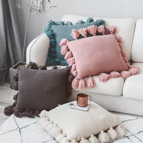 Knitted Cushion Cover Solid Pink Beige Grey Nordic Style Pillow Case With Tassle For Sofa Bed Room Home Decorative 45*45cm -   19 diy Pillows with tassels ideas