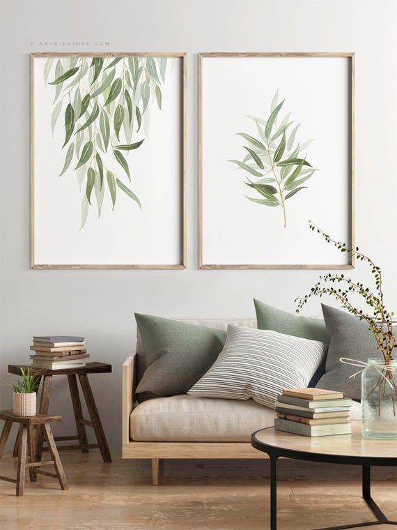 Set of 2 Botanical Prints, Digital Download, Modern Plants, Watercolor Painting Eucalyptus Leaves with Branch Wall Art, Printable Nature Art -   13 sage green living room ideas