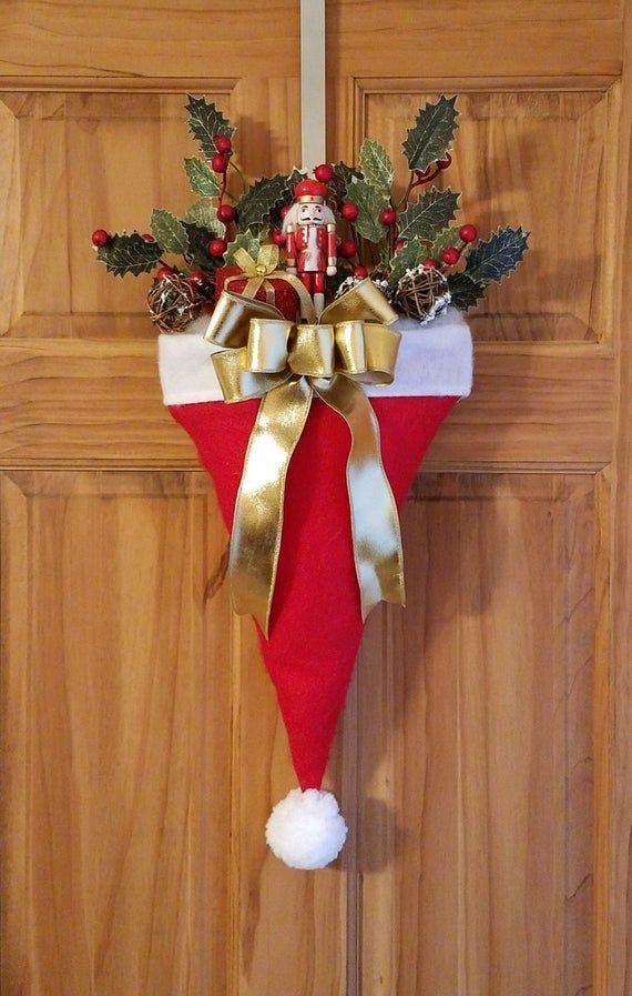 Christmas Holiday Upside Down Nutcracker Santa Hat Door Decor / Wreath / Handmade Bow / XMAS Decor -   15 xmas nails christmas santa hat ideas