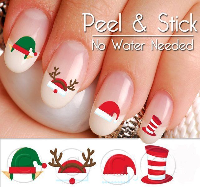 Santa and Elves hats Nail Decal Set Peel and Stick CHR902 | Etsy -   15 xmas nails christmas santa hat ideas