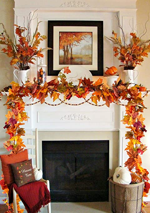 DearHouse 2 Pack Fall Garland Maple Leaf, 5.9Ft/Piece Hanging Vine Garland Artificial Autumn Foliage Garland Thanksgiving Decor for Home Wedding Fireplace Party Christmas -   18 thanksgiving decorations for home living rooms ideas
