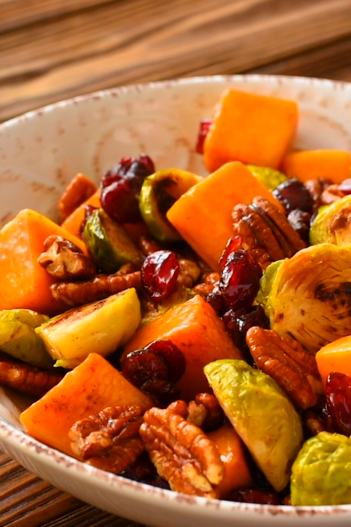 Thanksgiving Butternut Squash and Brussels sprouts with Pecans and Cranberries -   19 vegetable sides for thanksgiving dinner ideas