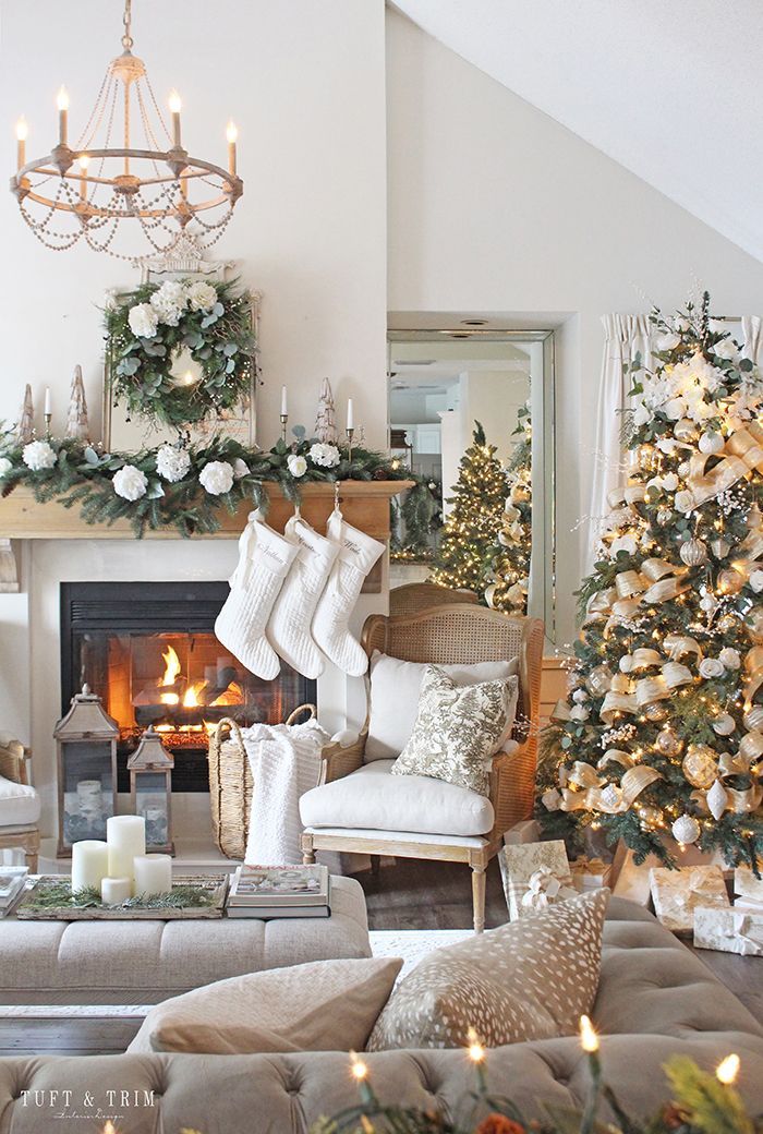 White and Gold Classic Christmas Living Room - Tuft & Trim -   21 christmas decorations living room ideas
