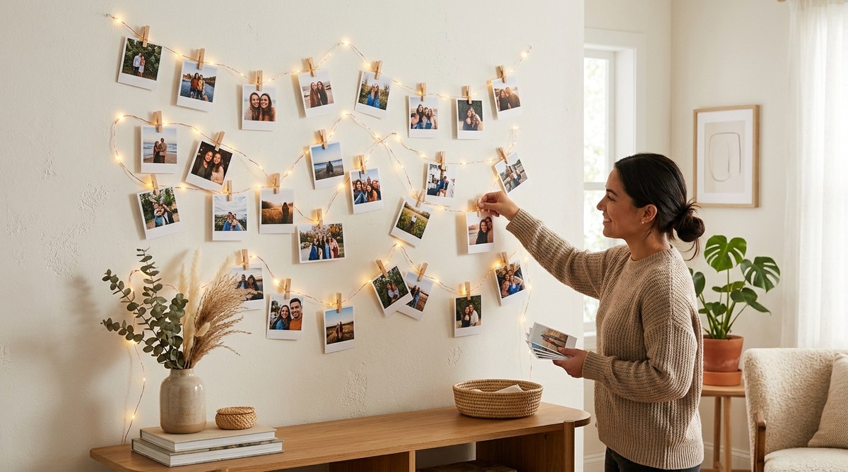 How to Create a DIY Photo Display Wall Using String Lights
